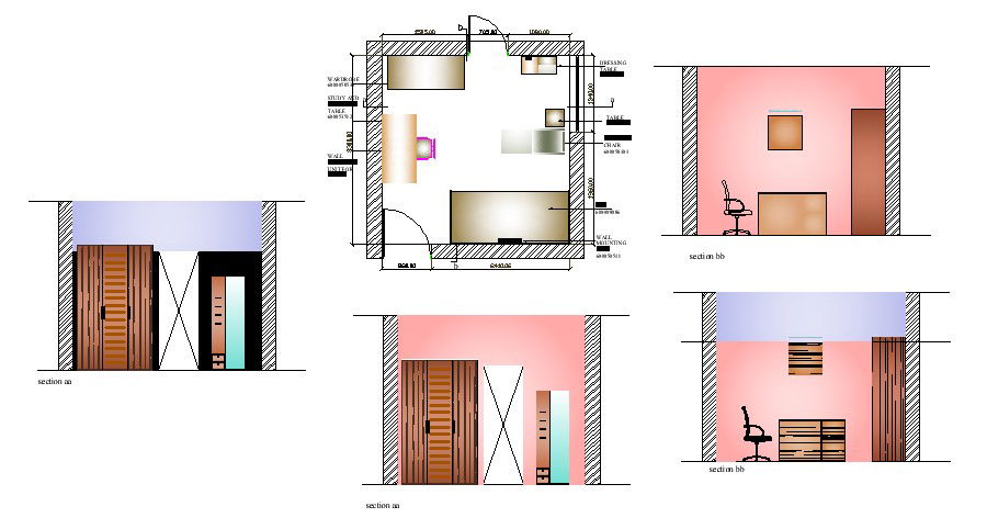 Autocad drawing of a bedroom with section and elevation