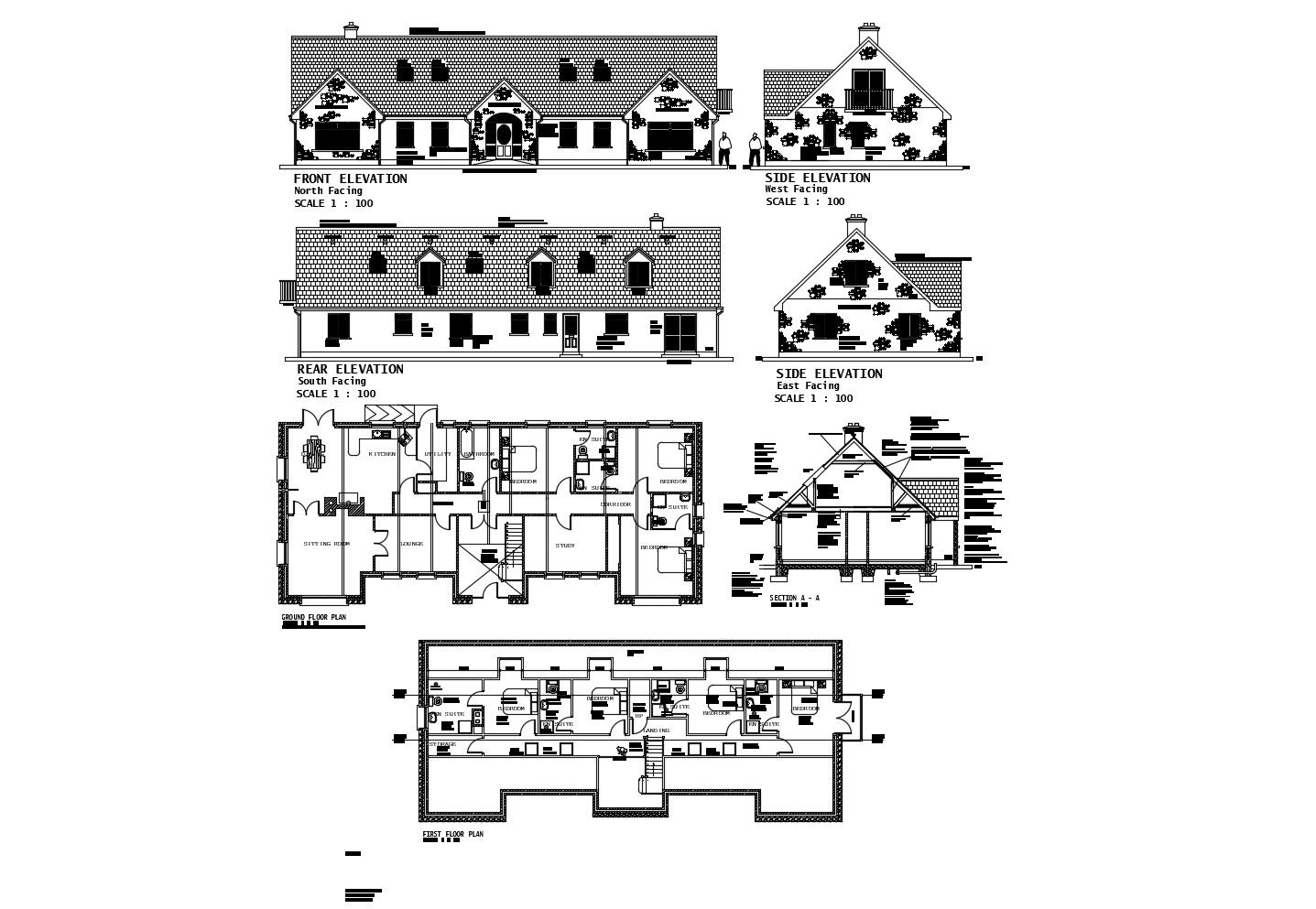 Autocad drawing of a house with different elevation and section
