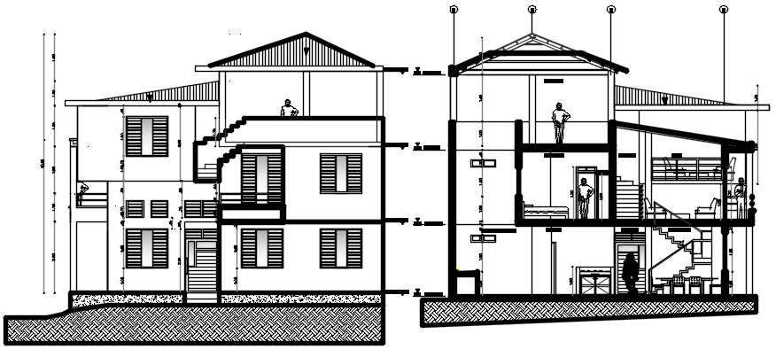Autocad drawing of a house with section and elevation in dwg file