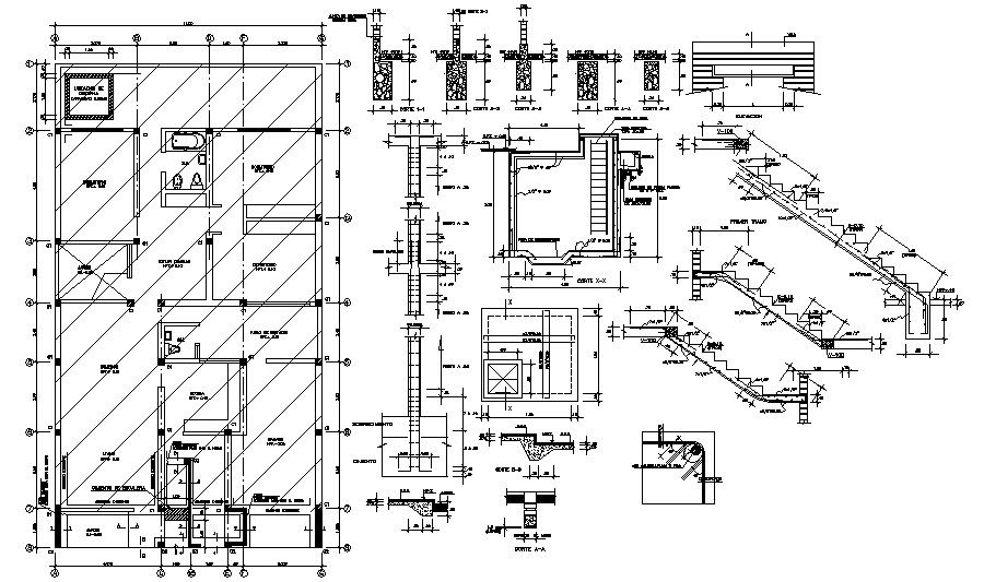 Autocad drawing of a residential house with foundation detail in dwg file