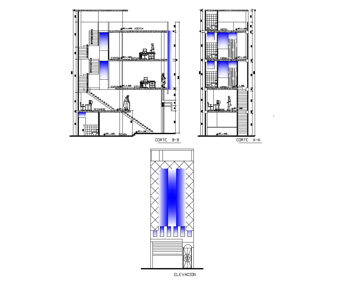 Autocad drawing of building with elevation details