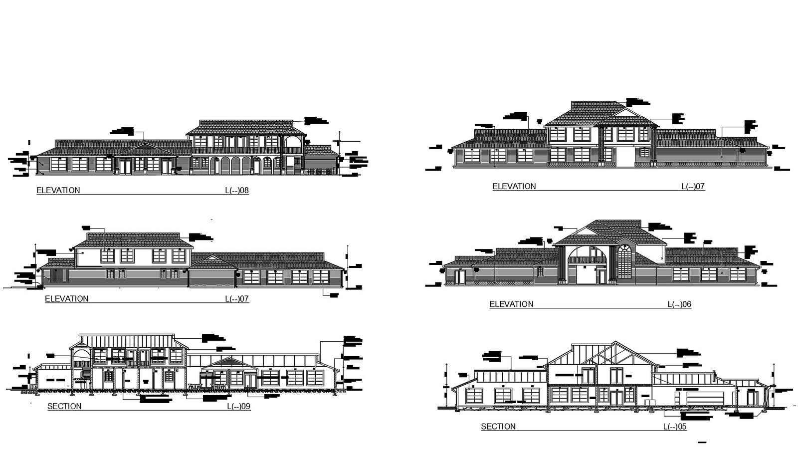 Autocad drawing of building with section and elevation