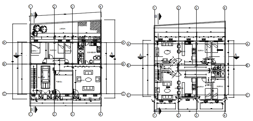 Autocad drawing of house 12.32mtr x 12.89mtr with furniture details in dwg file