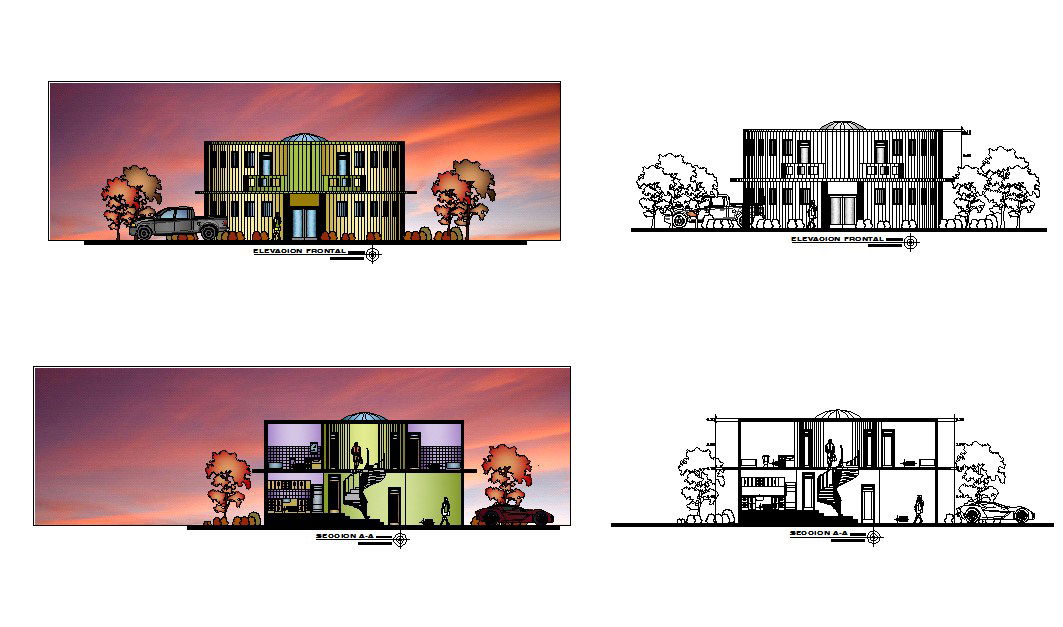 Autocad drawing of residential bungalow elevations