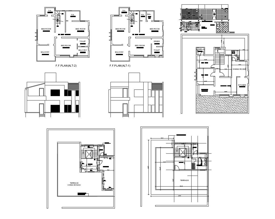 Autocad drawing of residential bungalow with elevations