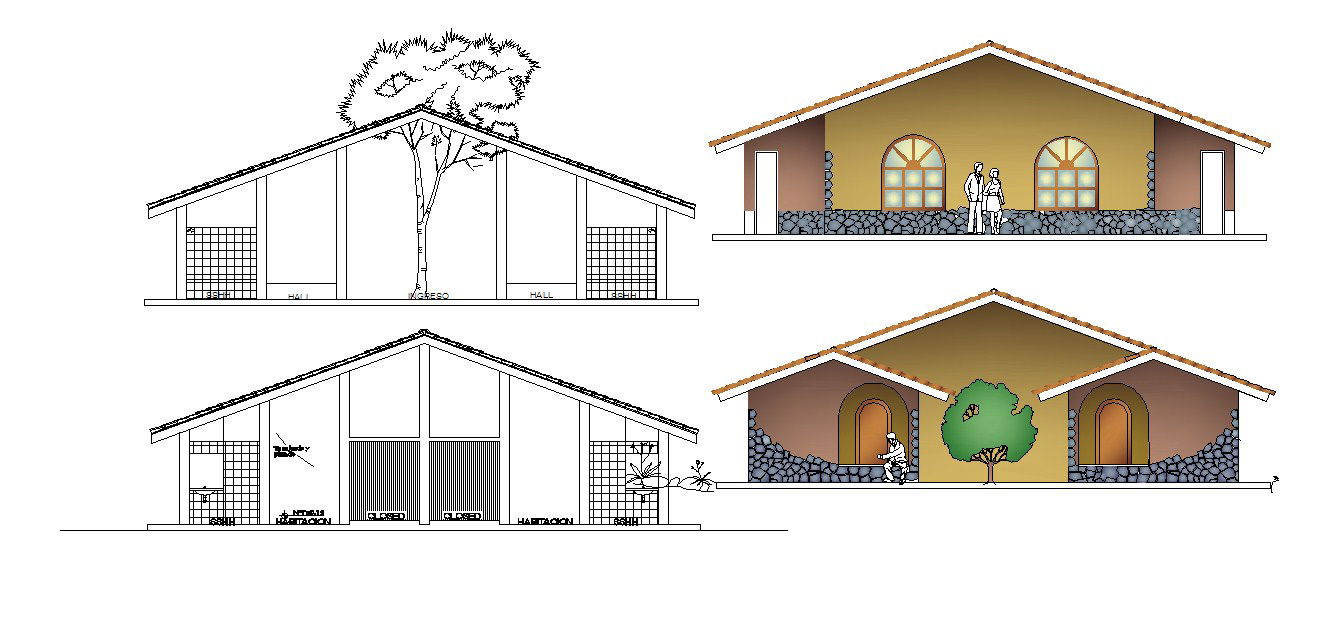Autocad drawing of residential bunglow elevations