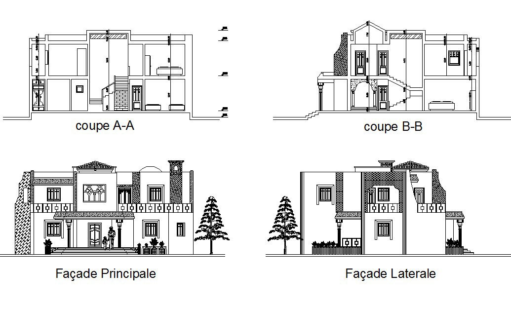 Autocad drawing of sectional elevations of bungalows