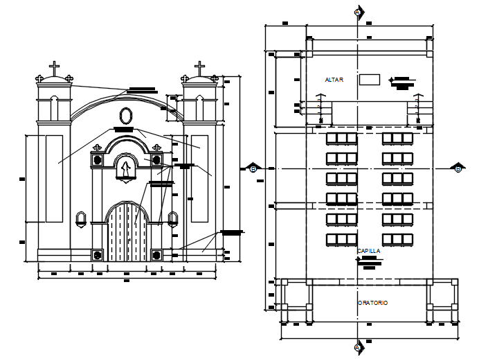 Autocad drawing of the Catholic church with elevation