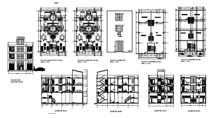 Autocad drawing of the residential apartment with section and elevation