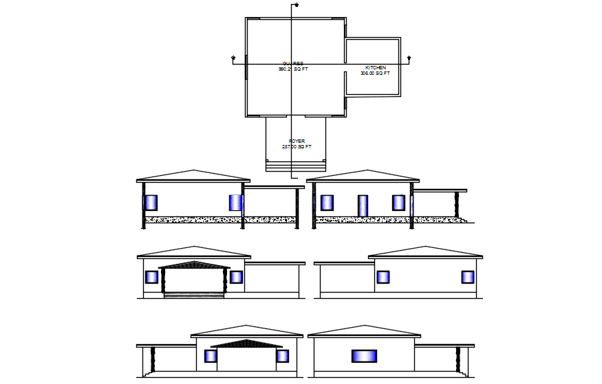 Autocad drawing of the restaurant with elevations
