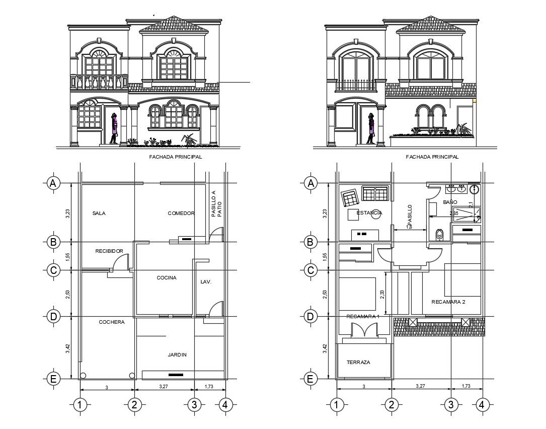 Autocad drawings of single house plan and elevation detail