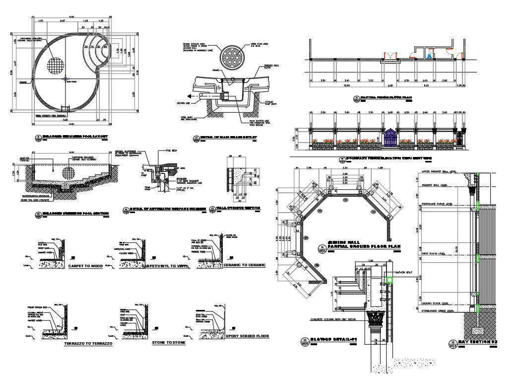 Autocad 2D DWG drawing file has the façade elevation details, swimming pool details and boundary fence details were given. Download the Autocad DWG drawing file.