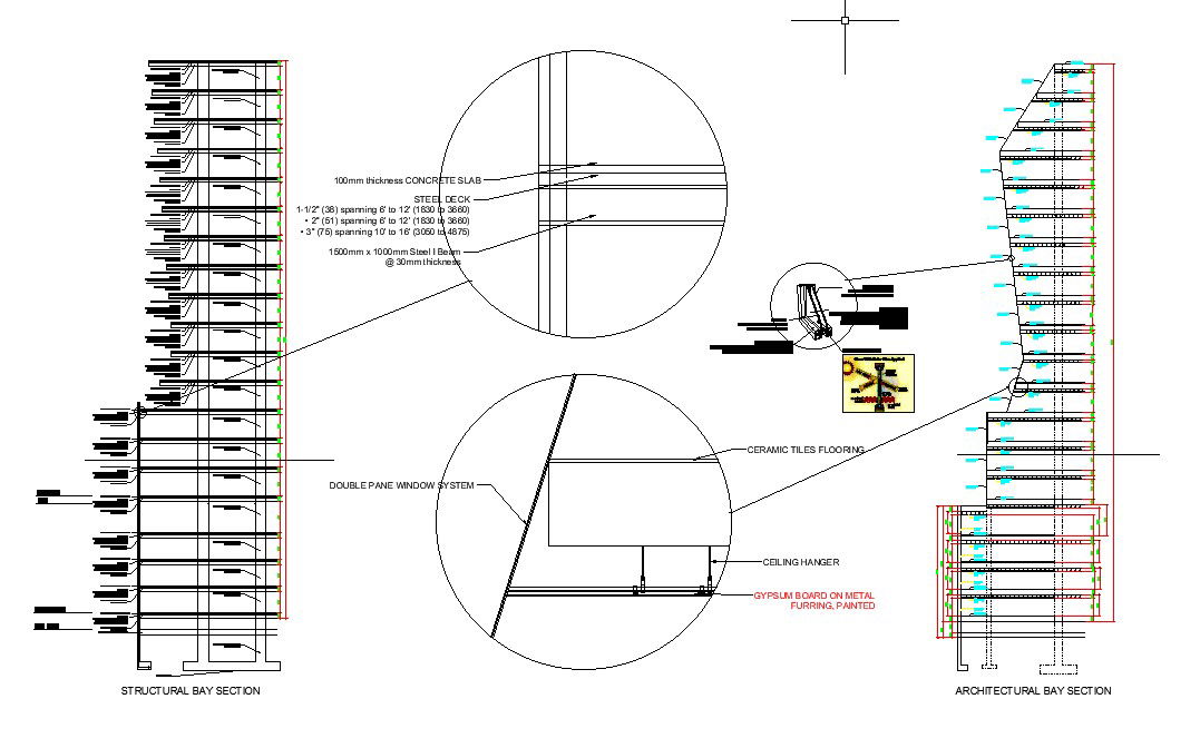 Autocad 2D DWG drawing file shows the details of structural bay section and architectural bay section. Download the Autocad DWG drawing file.