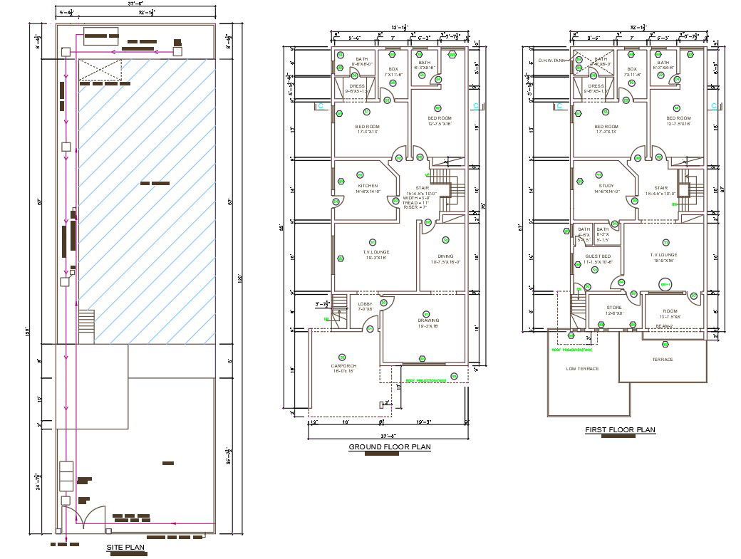 Autocad 2D Drawing file showing 32' X 85' G+1 Home plan DWG file. Download the AutoCAD Drawing file.