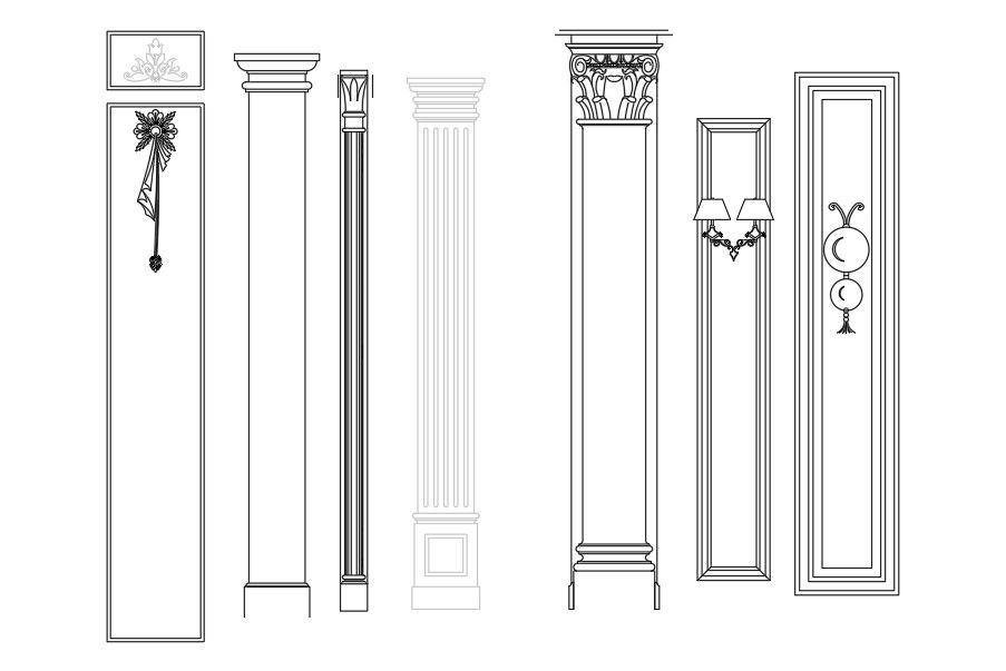 Autocad 2D drawing Shows the details of different Styles of column elevation design,Download the AutoCAD file.