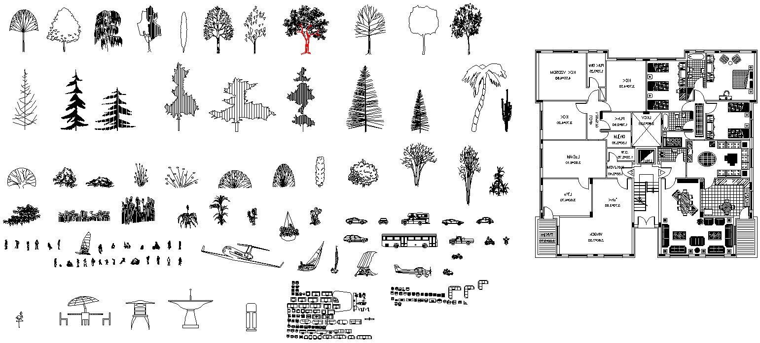 Autocad 2D drawing shows a variety of furniture and other types of Blocks,