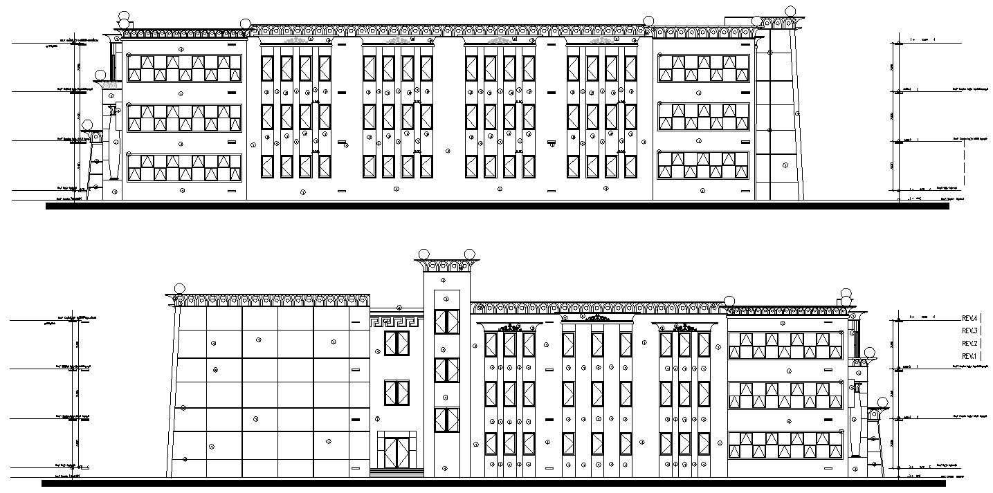 Autocad DWG Drawing 2d file of the Beautiful section and the elevation details of the college building.