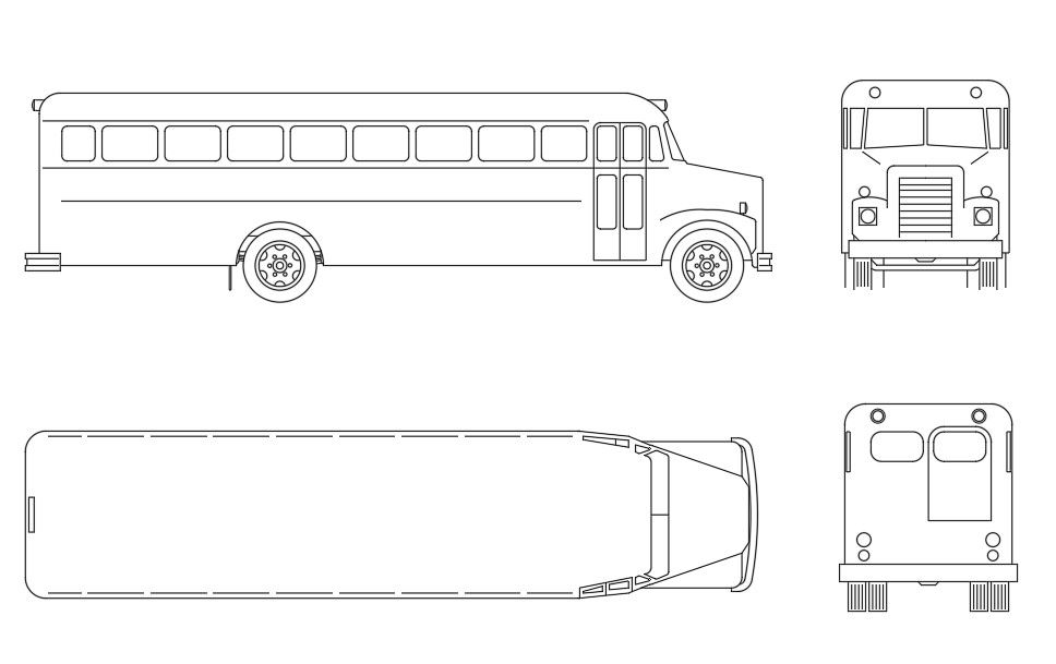 Autocad DWG drawing shows school bus front , back, and side elevation blocks design,Download the AutoCAD drawing file.