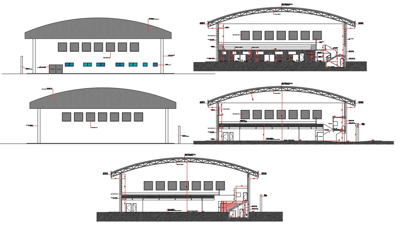 Autocad DWG file contains the detail of section and side elevation of curved steel truss industrial building,Download the DWG file.