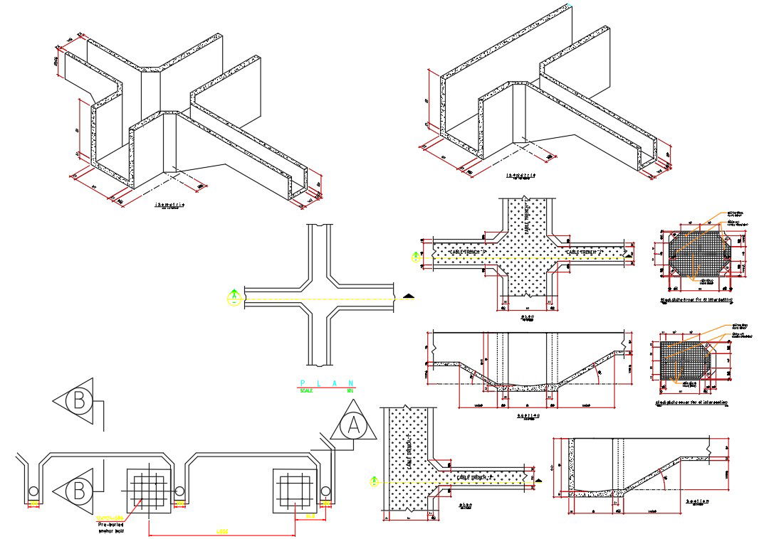 Autocad DWG file has the Plan, Section and Details of Cable Trench Intersections. Download Autocad 2D DWG file.