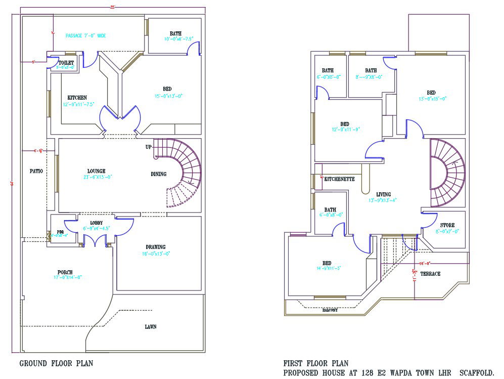 Autocad DWG file of the 35'X64' G+1 house plan drawing layout available.Download the DWG file.