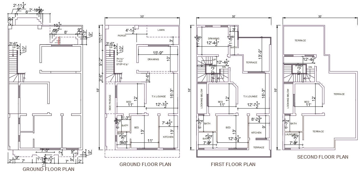 Autocad Drawing file of the 30'X50' G+2 House plan.Download DWG Autocad file.