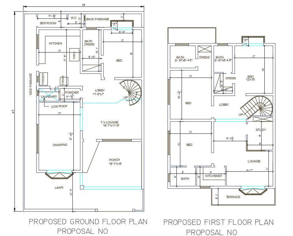 Autocad Drawing file showing 38' X 63' G+1 Home plan 2D DWG file.Download the AutoCAD Drawing file.