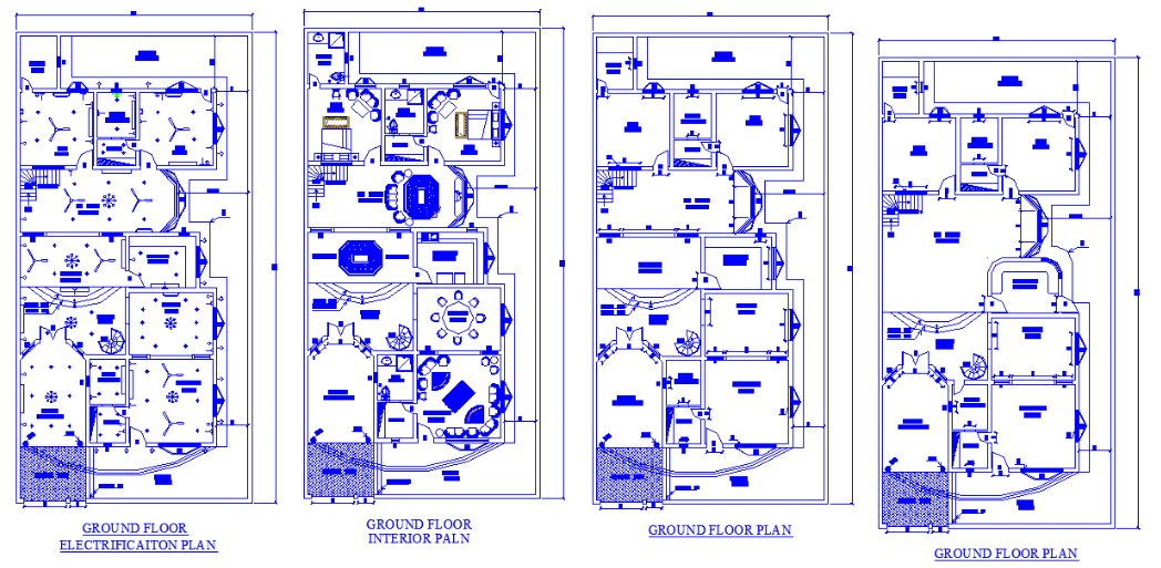 Autocad Drawing file shows 45'X90' Floor plan of Single story 2bhk house with an electrical plan and interior plan.Download the DWG file.