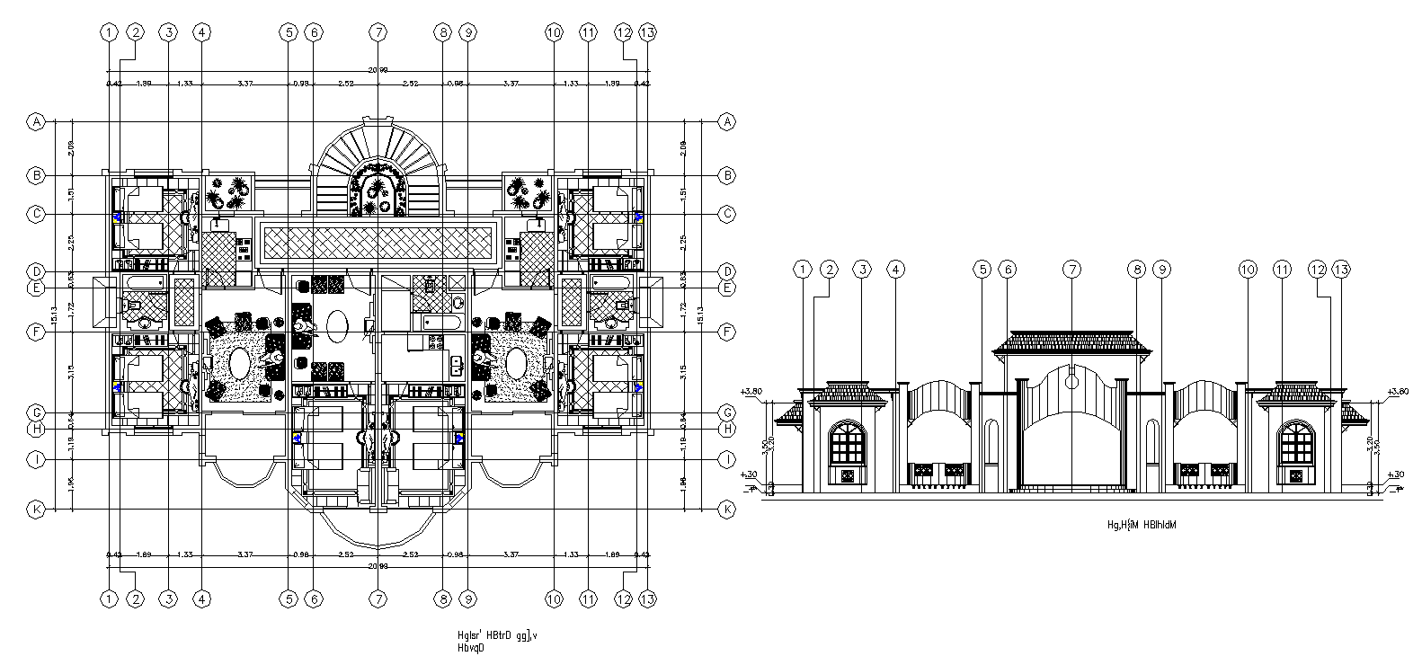 Autocad Drawing file shows the details of the twin house floor plan and elevation design. Download DWG file.