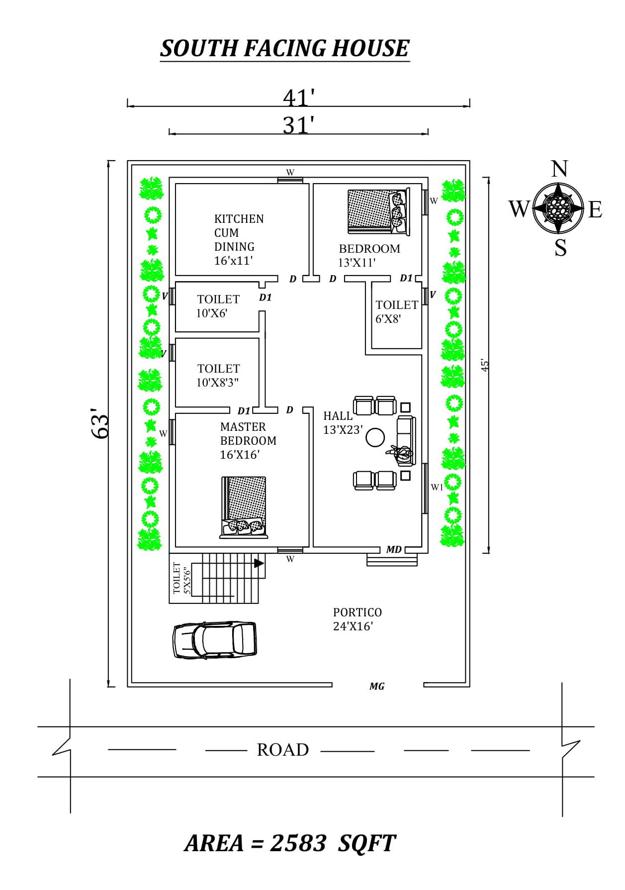 Autocad Drawing of 41'x63' awesome south-facing 2BHK house plan as per vastu Shastra, DWG and PDF file details.