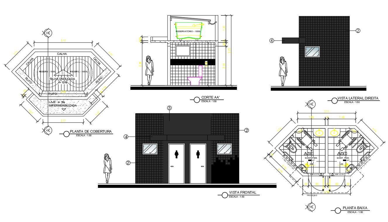 Autocad drawing file gives the plan, elevation and sectional detail of a public toilet . Download the AutoCAD Drawing file.