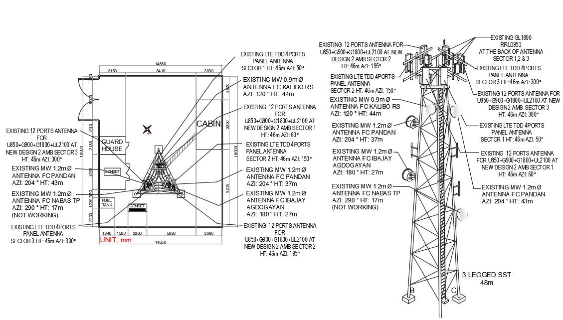 Autocad drawing file having plan and elevation detail of Network tower.Download the AutoCAD DWG file.