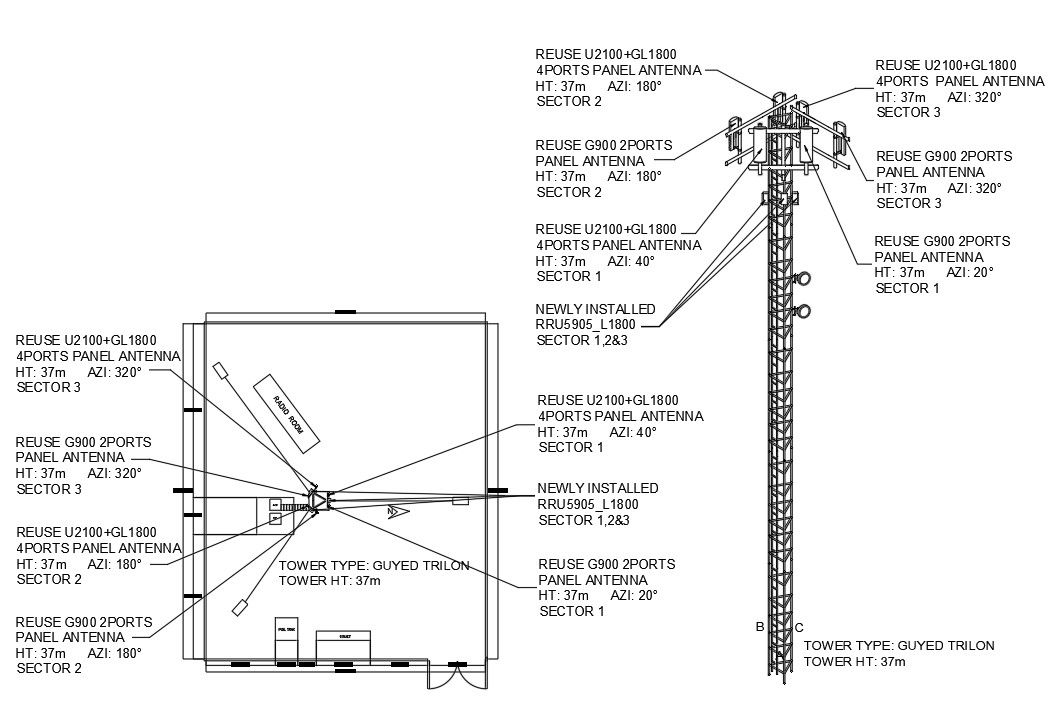 . Autocad drawing file having plan and elevation detail of a radiotower. Download the AutoCAD Drawing file.