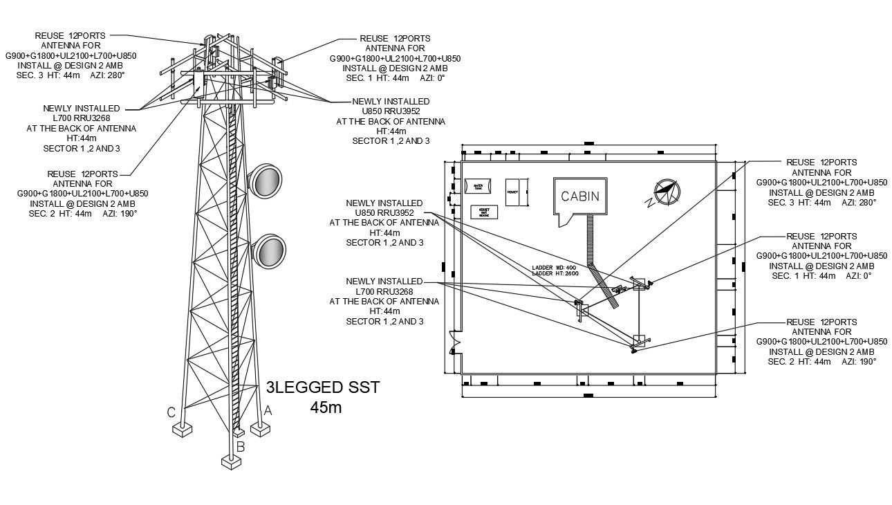 Autocad drawing file having plan and elevation detail of cellphone tower. Download the AutoCAD Drawing file.