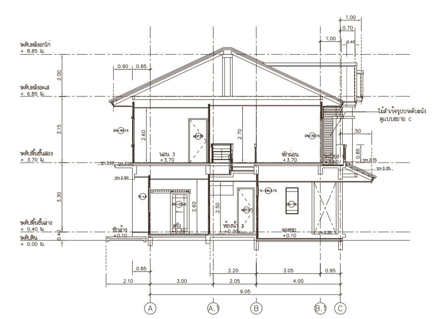 Autocad drawing file showing the detailed plan of the 8.45meter height G+1 house plan elevation.Download Autocad DWG file.