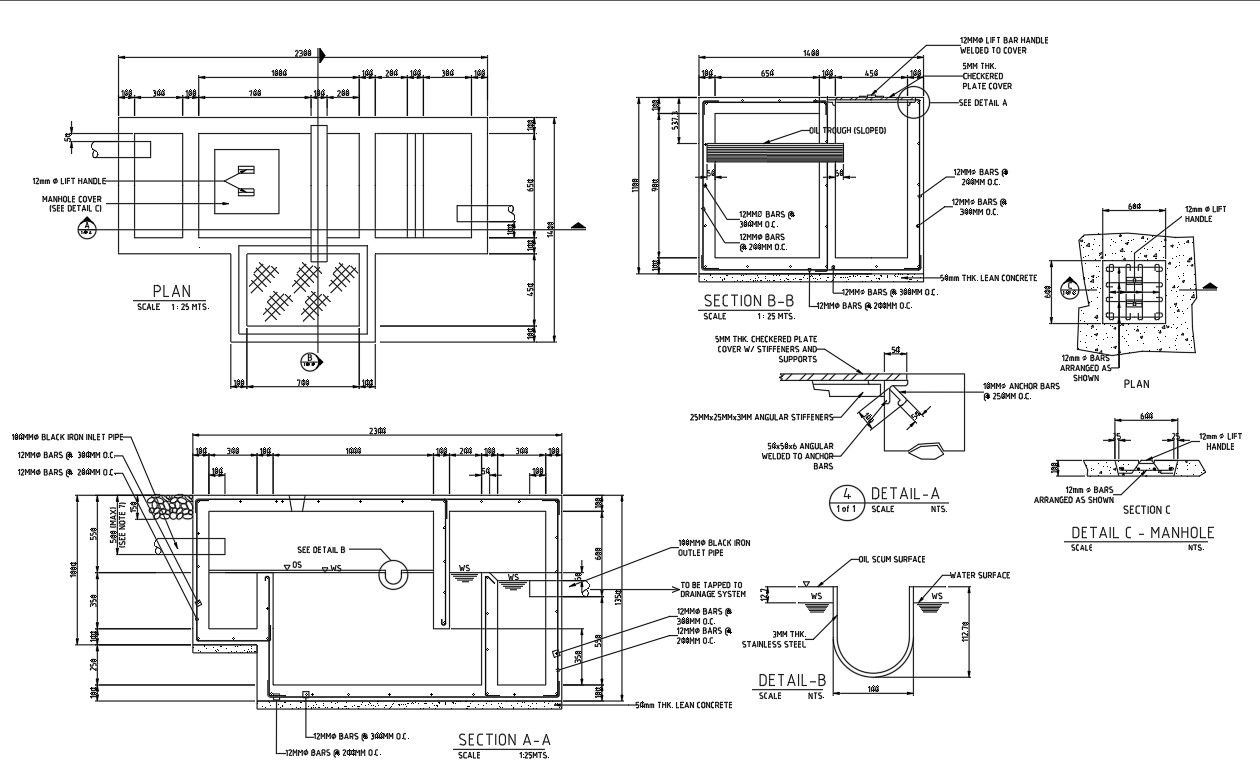 Autocad drawing file shows the Plan and Sectional Details of the Oil Water Seperator Tank,Download the AutoCAD Drawing file.