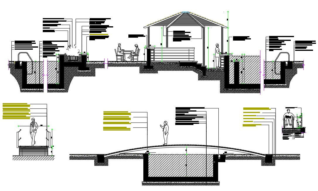 Autocad drawing file shows the Sectional Details of the Sports court plaza with the swimming pool. Download the AutoCAD Drawing file.