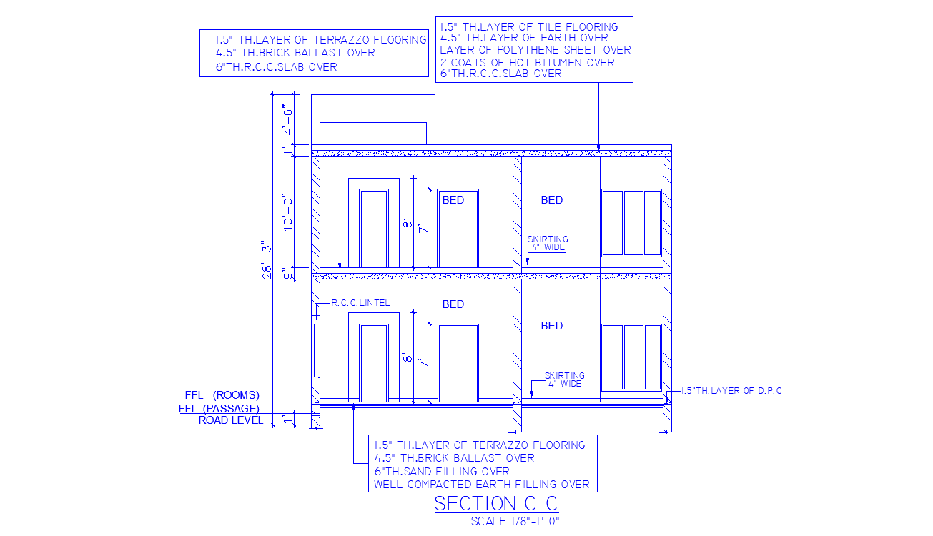 Autocad drawing file shows the detailed plan of the 28' height G+1 2bhk tiny house section plan .