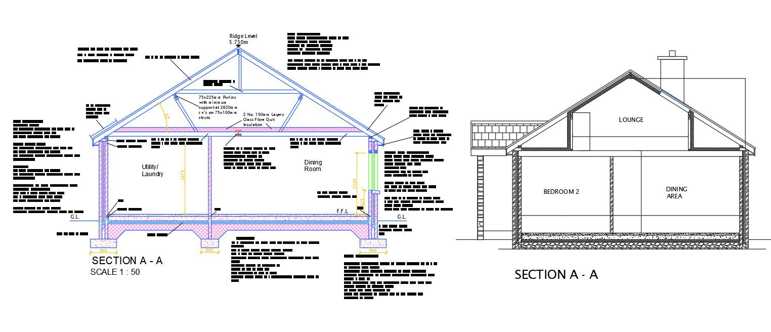 Autocad drawing file shows the detailed plan of the G+1 2bhk tiny house section plan.Download the DWG file.