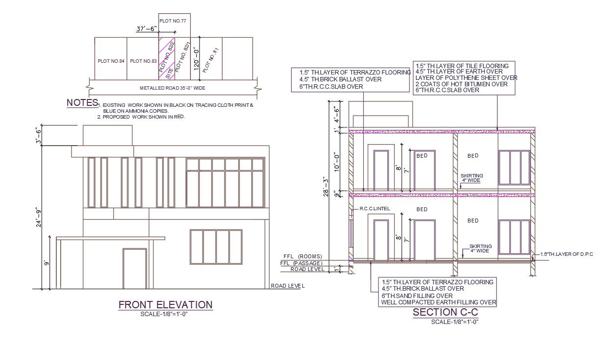 Autocad drawing file shows the detailed plan of the G+1house plan with front elevation and section plan is available. Download Autocad DWG file.