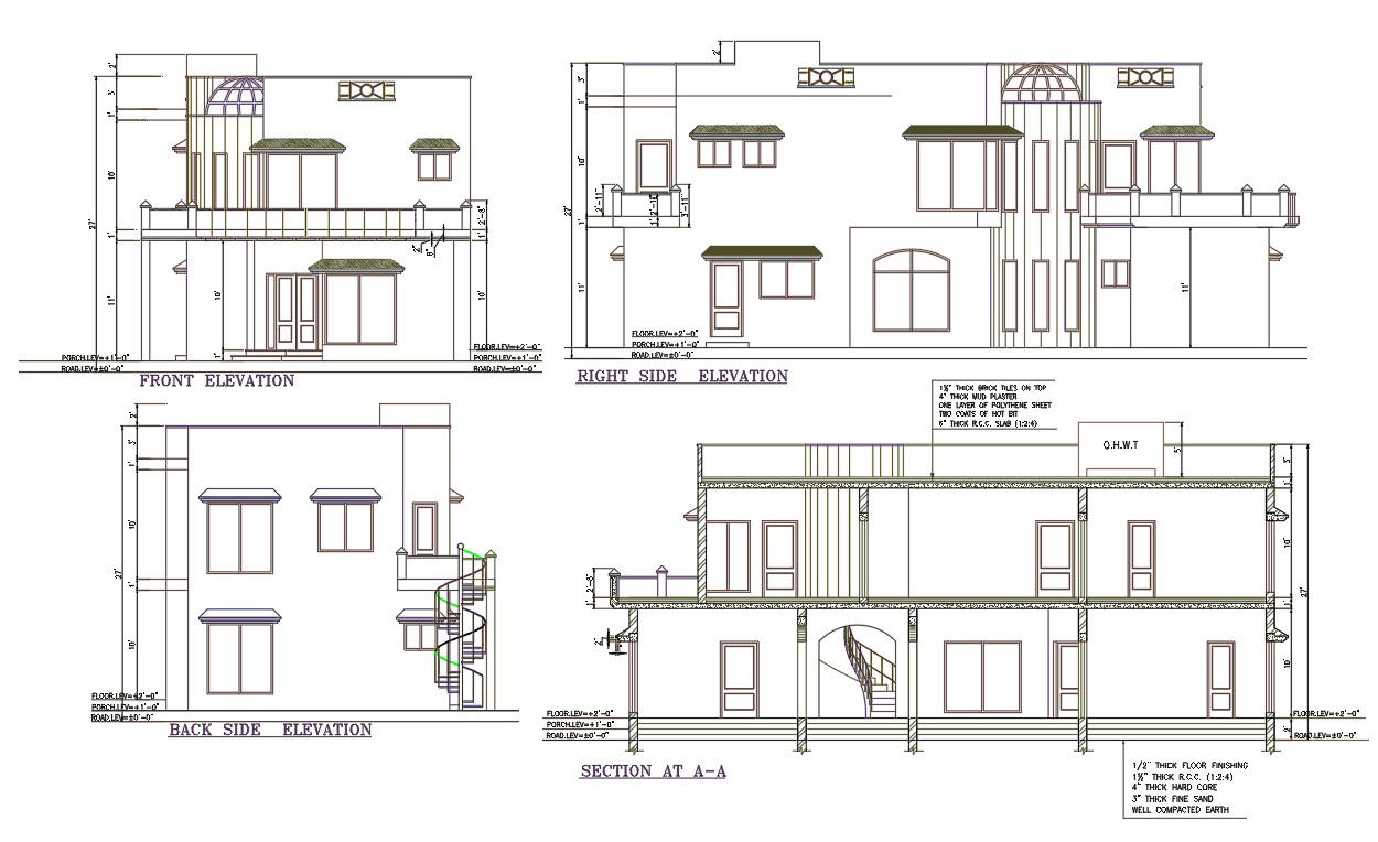 Autocad drawing file shows the detailed plan of the G+1 house plan with front, right, and backside elevation and section plan is available.