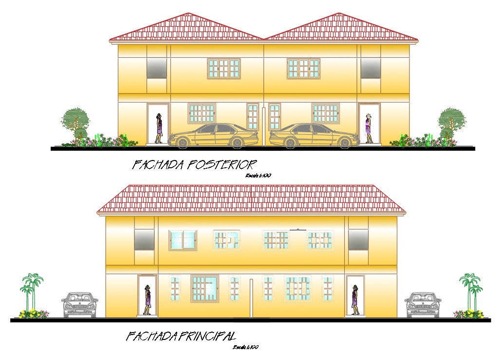 Autocad drawing file shows the details of main façade and rear façade. Download the Autocad DWG drawing file.