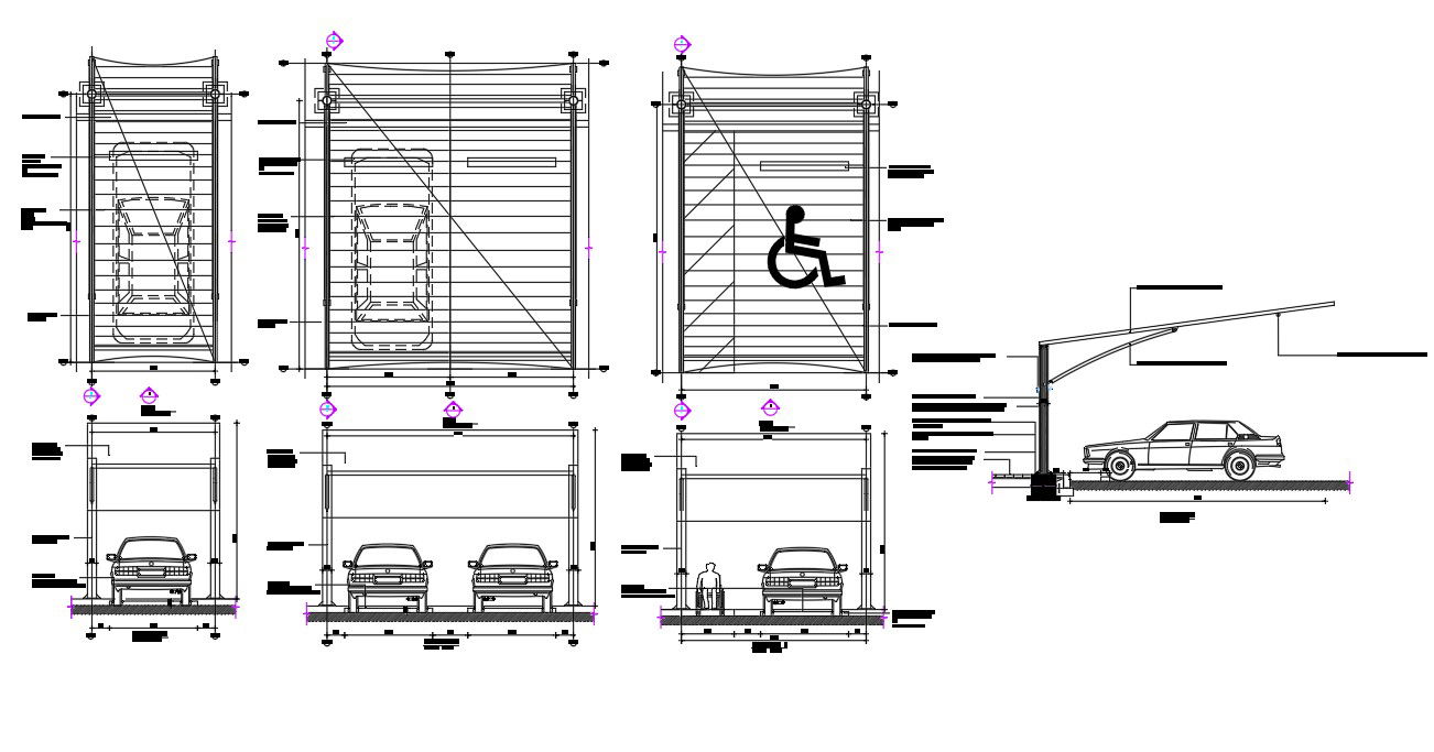 AutoCAD Drawing of Car Parking Shed with Plan Section and Elevation