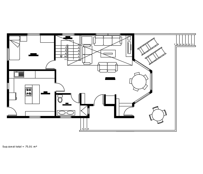 A wall layout of the 14x8m ground floor house plan