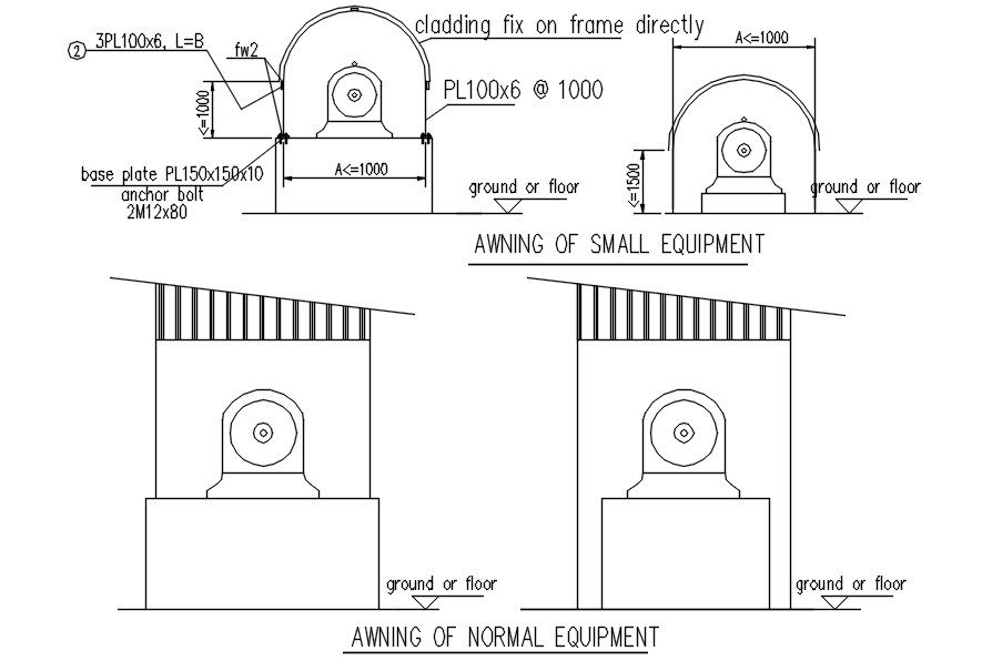 Awning of equipment in AutoCAD 2D drawing, dwg file, CAD file