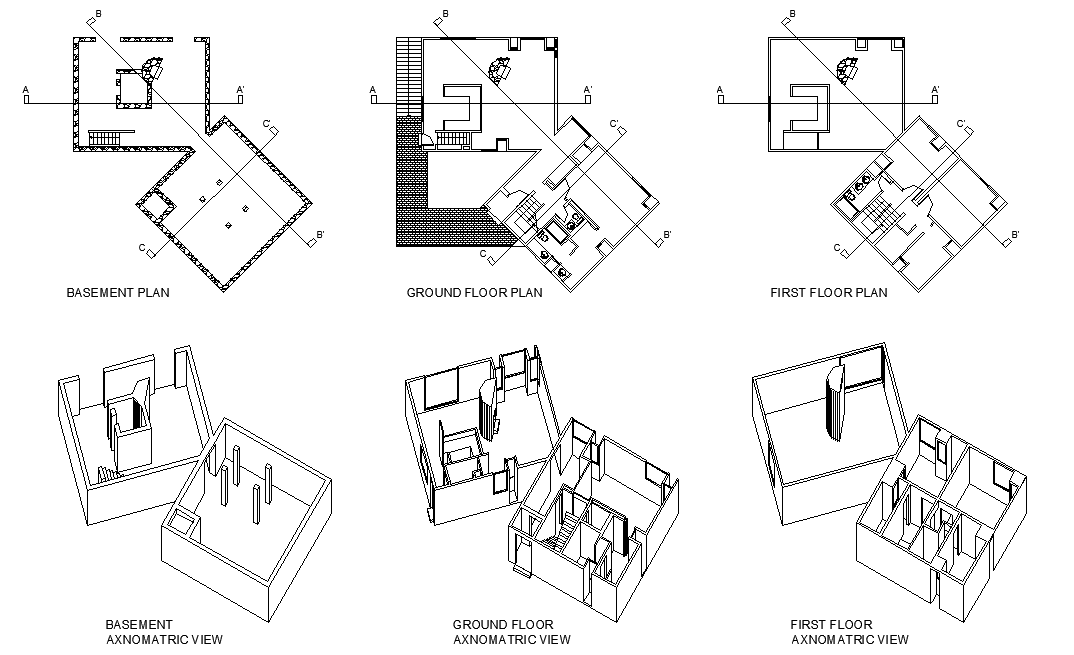 Axonometric basement and first floor plan autocad file