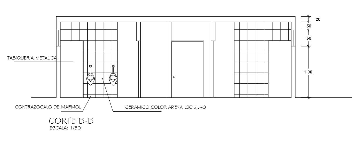 BB section view of 9x3m bathroom building is given in this Autocad drawing file.Download now.