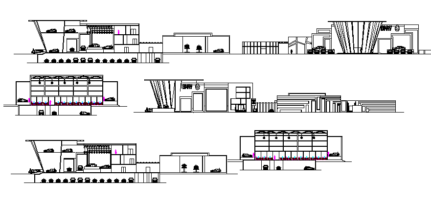 BMW showroom all sided elevation and sectional plan details dwg file