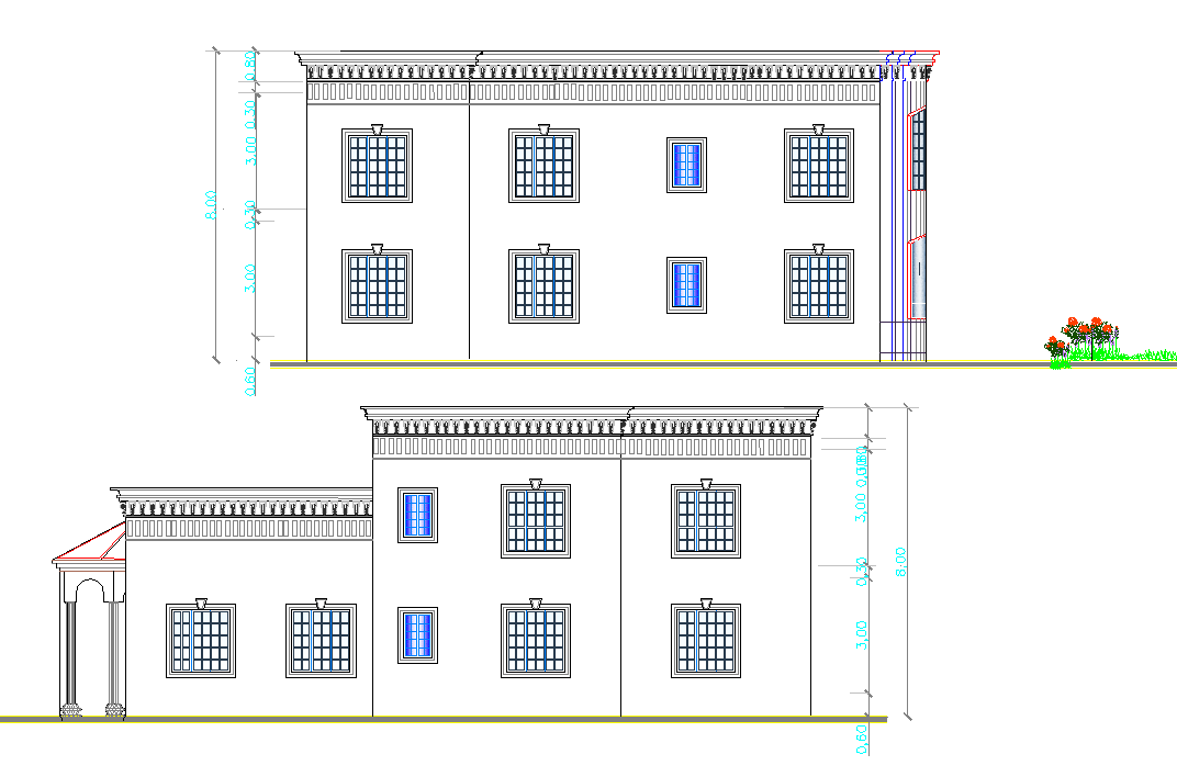Back and side elevation view of residential bungalow dwg file