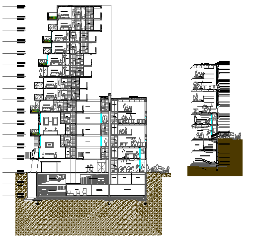 Back and side sectional view details of corporate building dwg file